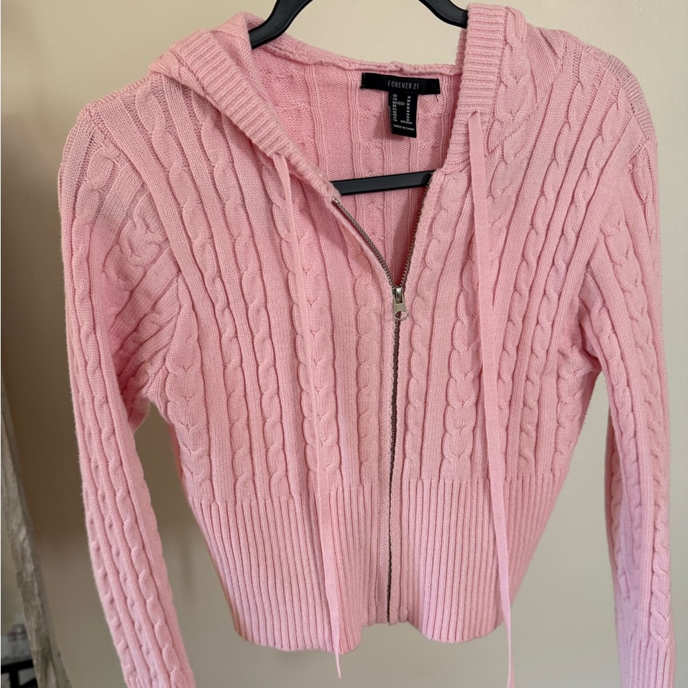 Forever 21 Pink Cable Knit Hoodie Cardigan
